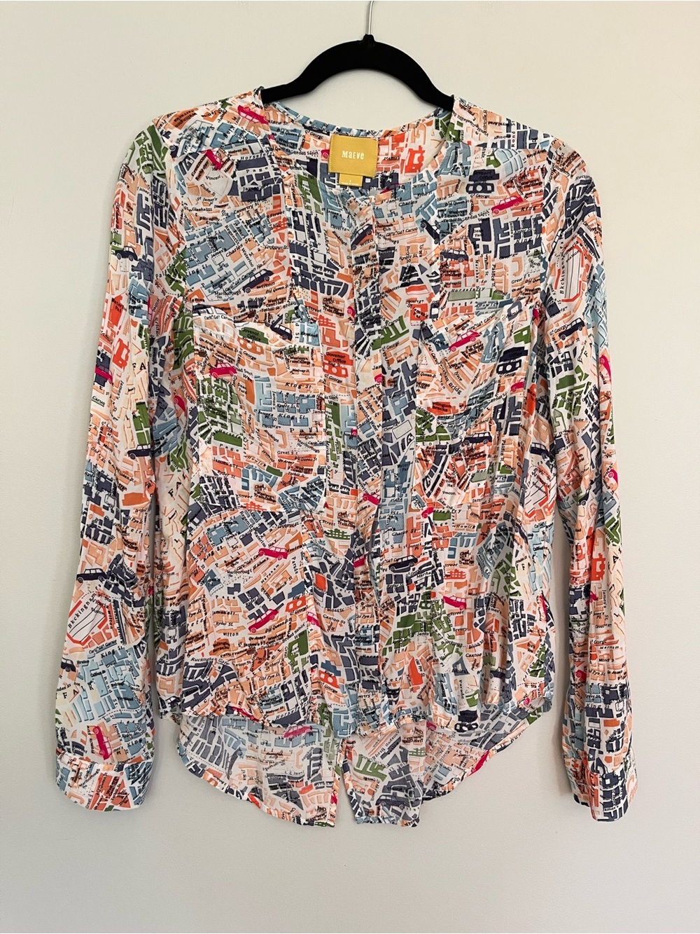 Maeve Multicolor Map-Print Long Sleeve Button Front Blouse